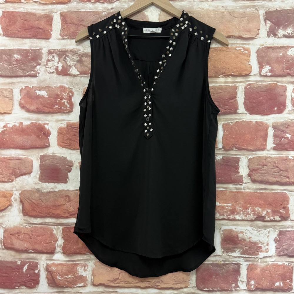 Socialite Top Women's Large Black Studded Trim Casual Career V Neck Sleeveless